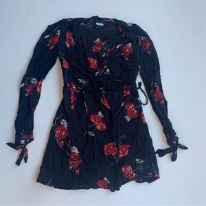 Reformation Delta Donatella Mini Dress Sz XS Black Red Floral Wrap Chiffon Lined
